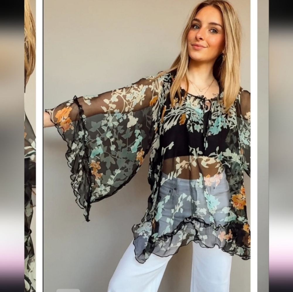 JOHNNY WAS Lindsay Flowy Floral Shear Silk Top Black Teal NWT - Picture 8 of 16